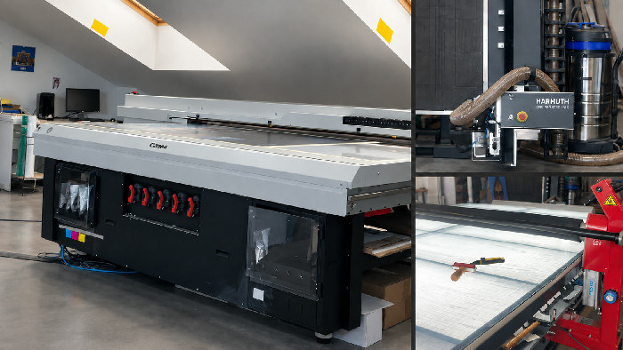 Werkstattcollage: Canon-Druckmaschine links, Harmuth-Fräsdetail oben rechts und Lichttisch unten rechts